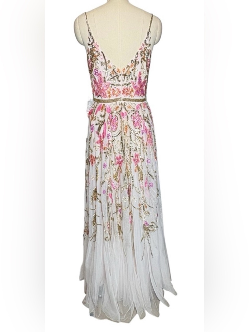 Floral Embroidered Ivory Evening Gown with Pink & Gold Detail - Picture 3 of 13